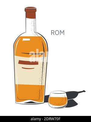 Bevanda alcolica al rum in bottiglia e vettore di vetro Illustrazione Vettoriale