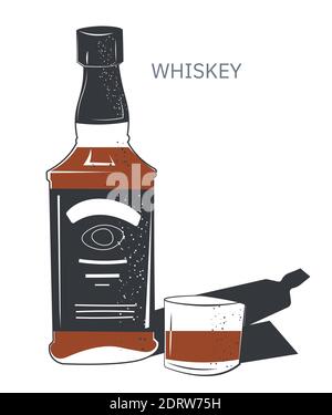 Whisky bevanda alcolica in bottiglia e vetro Illustrazione Vettoriale