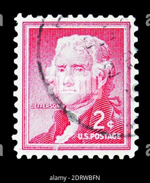 MOSCA, RUSSIA - 10 FEBBRAIO 2019: Un francobollo stampato negli Stati Uniti mostra Thomas Jefferson (1743-1826), terzo presidente degli Stati Uniti, numero Liberty Foto Stock