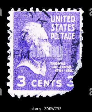 MOSCA, RUSSIA - 10 FEBBRAIO 2019: Un francobollo stampato negli Stati Uniti mostra Thomas Jefferson (1743-1826), terzo presidente degli Stati Uniti, serie, circa 1 Foto Stock