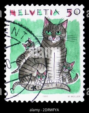 MOSCA, RUSSIA - 10 FEBBRAIO 2019: Un francobollo stampato in Svizzera mostra il gatto domestico (Felis silvestris catus), serie di animali, circa 1990 Foto Stock