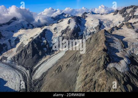 Vista aerea della catena dei Mout Cook a South Island, Nuova Zelanda. Aka le Alpi meridionali. Foto Stock