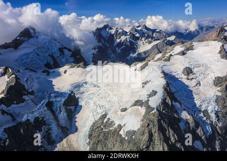 Vista aerea della catena dei Mout Cook a South Island, Nuova Zelanda. Aka le Alpi meridionali. Foto Stock