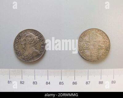 Righello: Anne, Regina della Gran Bretagna, britannico, 1665–1714, menta: Londra, progettista: Samuel Bull, inglese, morto 1720, 1 Shilling of Anne, Regina della Gran Bretagna di Londra, Argento, 5.985 g, 6:00, 25.1 mm, made in London, England, England, British, 18 ° secolo, Numismatica Foto Stock