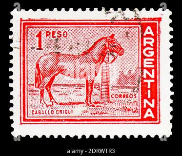 MOSCA, RUSSIA - 10 FEBBRAIO 2019: Un francobollo stampato in Argentina mostra Cavallo (Equus ferus caballus), personalità e serie Paesaggi, circa 1959 Foto Stock