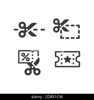 Set di icone vettoriali nere per forbici e coupon. Simboli di sconto per gli acquisti. Illustrazione Vettoriale