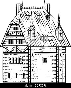 Old Medieval House Inn Building Vintage Woodcut Illustrazione Vettoriale