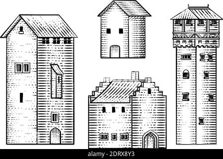 Set Old Medieval Houses Buildings Vintage Woodcut Illustrazione Vettoriale