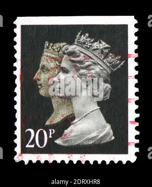 MOSCA, RUSSIA - 14 FEBBRAIO 2019: Un francobollo stampato nel Regno Unito mostra la Regina Vittoria e la Regina Elisabetta II, 150° anniversario del Penny Blac Foto Stock