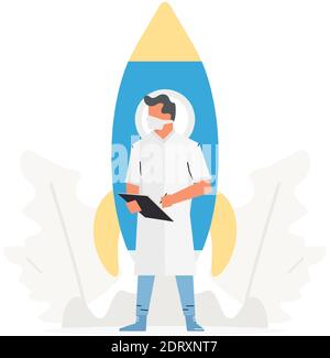 Il medico si trova di fronte ad un grande razzo. Assicurazione sanitaria e illustrazione vettoriale di concetto di start business medico. Illustrazione Vettoriale