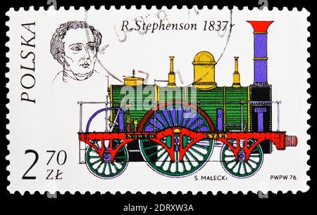 MOSCA, RUSSIA - 20 FEBBRAIO 2019: Un francobollo stampato in Polonia mostra R. Stephenson, 1837, Storia della serie locomotiva, circa 1976 Foto Stock