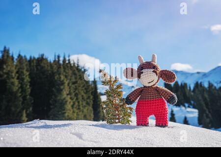 Un gioioso goy giocattolo si erge in una deriva di neve in montagna in inverno con un piccolo albero di Natale fatto di ginepro. Giocattolo dell'albero di Natale fatto a mano. Bull sy Foto Stock