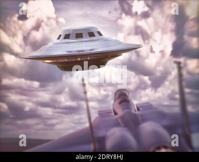 Aereo supersonico che insegue UFO. Oggetto volante non identificato che sorvola il cielo. Illustrazione 3D. Foto Stock
