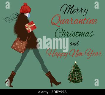 Buon Natale e felice anno nuovo card con donna che indossa maschera medica e di tenuta regalo, covid19, corona virus concetto - illustrazione vettoriale Illustrazione Vettoriale