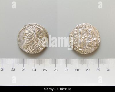 Re: Vologases III, Re di Partia, 105–147, Reguled 110–147, Mint: Seleucia ad Tigrim, Tetradrachm di Vologases III di Seleucia ad Tigrim, d.C. 105–47, Argento, 13.59 g, 12:00, 28.9 mm, Made in Seleucia ad Tigrim, Mesopotamia, Parthian, Numismatica, II secolo A.D. Foto Stock