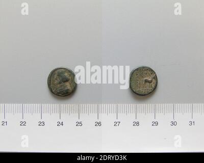 Governatore: Orode i, re di Partia, governò ca. 85–80 B.C., Zecca: Partia, moneta di Orode i, re di Partia da Partia, 80–75 a.C., rame, 3.77 g, 1:00, 15.7 mm, fabbricato in Partia, Parthiano, i secolo a.C., Numismatica Foto Stock