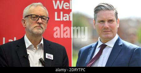 PA RASSEGNA DELL'ANNO 2020 file foto del 18/11/20 di un composito dell'ex leader laburista Jeremy Corbyn (a sinistra, datato 08/12/19) e dell'attuale leader Sir Keir Starmer (datato 20/07/20). Starmer ha dovuto fare pressione per tenere il suo predecessore fuori dal partito parlamentare dopo che è stato reintegrato come membro appena tre settimane dopo essere stato sospeso. Foto Stock