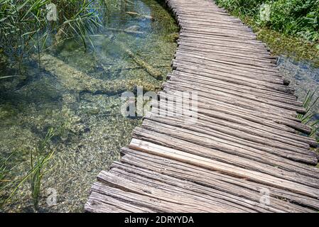 Un percorso fatto di tavole di legno tra il lago e. foresta Foto Stock
