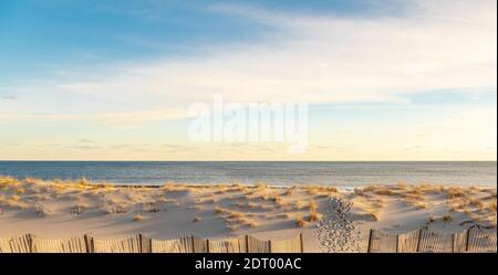 Le impronte dei piedi conducono attraverso le dune di Coopers Beach, Southampton, NY Foto Stock