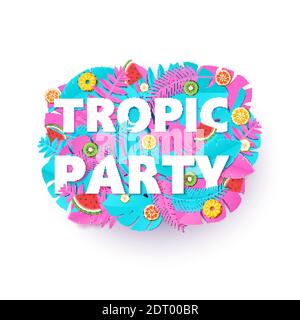 Parole COMPOSIZIONE DEL PARTITO TROPIC con le foglie azzurre creative della giungla rosa e i frutti su sfondo bianco in stile di taglio di carta. Foglie tropicali di lettere bianche Illustrazione Vettoriale