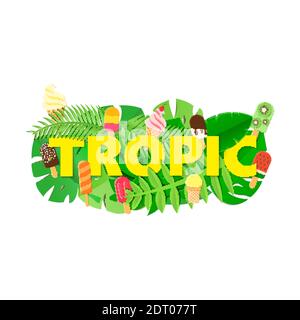 Composizione di Word TROPIC con foglie verdi della giungla e gelato su sfondo bianco in stile taglio di carta. Lettere gialle a foglia di artigianato tropicale per il design Illustrazione Vettoriale
