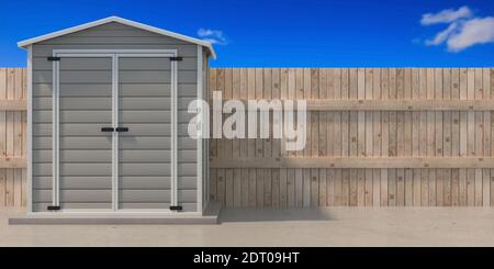 Capanna da giardino, recinzione in legno e sfondo blu del cielo. Grigio colore prefabbricato attrezzi di giardinaggio capannone nel cortile della casa. illustrazione 3d Foto Stock