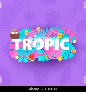 Composizione TROPICA di parola con le foglie azzurre creative della giungla rosa e i frutti su sfondo viola in stile di taglio di carta. Lettere tropicali in foglia per poster Illustrazione Vettoriale