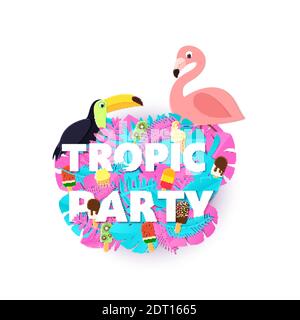 Parole TROPIC PARTY composizione con creativo rosa giungla blu foglie gelato e uccelli su sfondo bianco in stile taglio di carta. Fenicottero tropicale Illustrazione Vettoriale