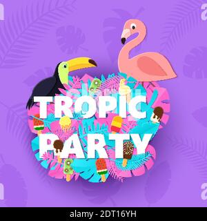 Parole TROPIC PARTY composizione con creativo rosa giungla blu foglie gelato e uccelli su sfondo viola in stile taglio di carta. Fenicottero tropicale Illustrazione Vettoriale