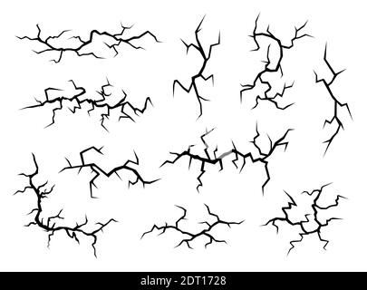 Crepe nere di terra isolate su sfondo bianco. Insieme astratto di fessure vulcaniche. Illustrazione Vettoriale