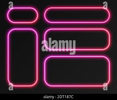 Insieme di cornici sfumate al neon, insieme di bordi rettangolari arrotondati rosa-rossi. Striscioni colorati illuminati. Illustrazione Vettoriale