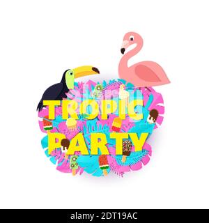 Parole TROPIC PARTY composizione con creativo rosa giungla blu foglie gelato e uccelli su sfondo bianco in stile taglio di carta. Fenicottero tropicale Illustrazione Vettoriale