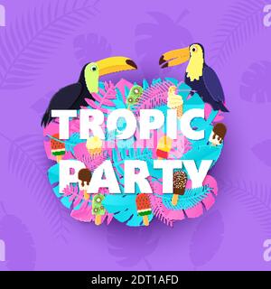 Parole TROPIC PARTY composizione con creativo rosa giungla blu foglie gelato e uccelli su sfondo viola in stile taglio di carta. Toucans tropicale per Illustrazione Vettoriale
