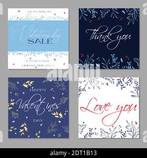 Insieme di modelli di giorno astratti valentine alla moda. Per opuscoli pubblicitari, biglietti d'auguri e post sui social media. Design delicato e moderno. Grazie ca Illustrazione Vettoriale
