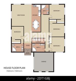 Piano di casa con mobili e garage, design architettonico del appartamento, illustrazione vettoriale Illustrazione Vettoriale