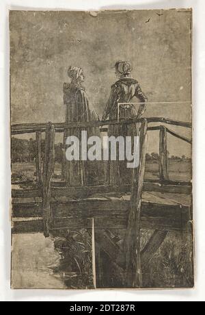 Artista: Edwin Austin Abbey, americano, 1852–1911, M.A., 1897, incisione in legno senza titolo di E.A. Abbazia (?) Di due Signore su un ponte di legno - illustrazione di Judith Shakespeare di William Black (?), incisione di legno, 7 3/8 × 4 7/8 poll. (18.7 × 12.4 cm), made in United States, American, 19th Century, Works on Paper - Prints Foto Stock