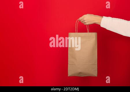 Femmina mano tenere grande borsa regalo fatto di carta marrone mestiere su sfondo rosso. Concetto di regalo, regalo o e-shopping. Banner con spazio per la copia Foto Stock