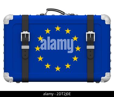 Elegante valigia con la bandiera dell'Unione europea. La valigia retrò con la bandiera dell'UE si trova su una superficie bianca. Illustrazione 3D Foto Stock