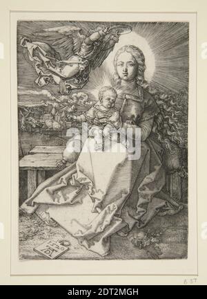 Artista: Albrecht Dürer, tedesco, 1471–1528, la Vergine col Bambino coronata da un Angelo, incisione, 13.7 × 9.9 cm (5 3/8 × 3 7/8 pollici), Made in Germany, German, 16 ° secolo, opere su carta - stampe Foto Stock