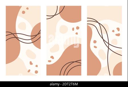 Set di tre sfondi astratti in colori beige pastello. Modello di progettazione per inviti, storie di social media, volantini, biglietti, poster in stile minimal. Illustrazione Vettoriale