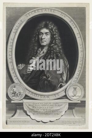 Incisore: Jean Louis Roullet, francese, 1645–1699, dopo: Paul Mignard, francese, 1639–1691, Ritratto di Jean-Baptiste Lully (1632-1687), incisione, platemark: 51.5 × 34.9 cm (20 1/4 × 13 3/4 in.), Made in France, Francese, XVII secolo, opere su carta - stampe Foto Stock