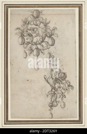 Artista: Daniel Mignot, francese, attivo ca. 1596–1616, due disegni per spille con gocce di perla (recto); disegno per spilla (verso), fine XVI-inizio XVII secolo, penna e inchiostro biestre, immagine (irreg.): 8.5 × 14 cm (3 3/8 × 5 1/2 in.), Made in France, French, 16 ° secolo, opere su carta - disegni e acquerelli Foto Stock