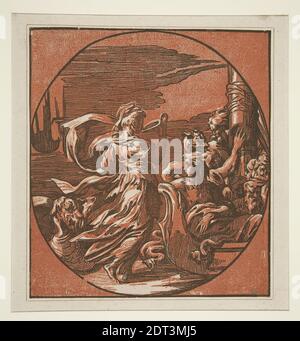 Taglialegno: Sconosciuto, costruttore, attribuito a: Antonio da Trento, 1508–1550, costruttore, attribuito a: Giuseppe Niccolò Vicentino, italiano, attivo 1540–50, dopo: Parmigianino, 1503–1540, Circe bevendo davanti ai compagni di Ulisse, ca. 1540–50, taglio di legno Chiaroscuro stampato da due blocchi, blocco di linea nera e blocco di tonalità rosso-marrone, 21.6 × 19.4 cm (8 1/2 × 7 5/8 in.), Made in Italy, Italiano, XVI secolo, opere su carta - stampe Foto Stock