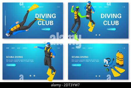 Set di banner di concetto per immersioni subacquee. Formazione subacquea. Diving club. Illustrazione vettoriale. Illustrazione Vettoriale