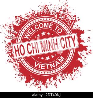 Francobollo rotondo in gomma con il nome della città ho Chi Minh e stelle, isolato su bianco Illustrazione Vettoriale