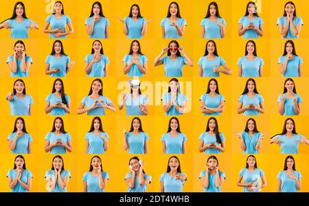 Collage di una giovane donna che esprime diverse emozioni Foto Stock