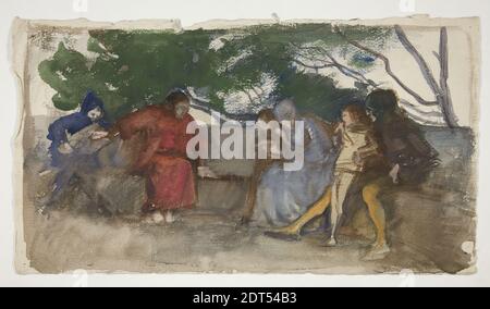 Artist: Edwin Austin Abbey, American, 1852–1911, M.A., 1897, Figure seduti lungo una panca esterna, acquerello, gesso nero, wove pesante, 27.6 × 49.8 cm (10 7/8 × 19 5/8 in.), made in United States, American, 19 ° secolo, opere su carta - disegni e acquerelli Foto Stock