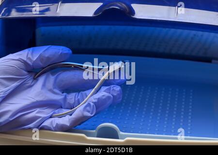 indossate un guanto medico blu con manicure e pedicure pinzette dopo la sterilizzazione in sterilizzatore ultravioletto Foto Stock