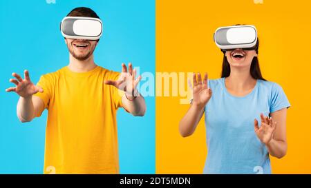 Coppia sorridente che indossa cuffie per la realtà virtuale in studio Foto Stock