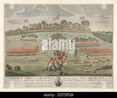 Incisore: Francisco Scacki, americano, attivo 1815, dopo: Unknown, A correct View of the Battle near the City of New Orleans, incisione e acquatinto, colorato, platemark: 40.64 × 60.33 cm (16 × 23 3/4 in.), Made in United States, American, 19 ° secolo, opere su carta - stampe Foto Stock